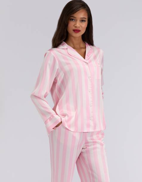 Boux Avenue Oversized embroidered satin top and pants pyjama set in light pink - view 1