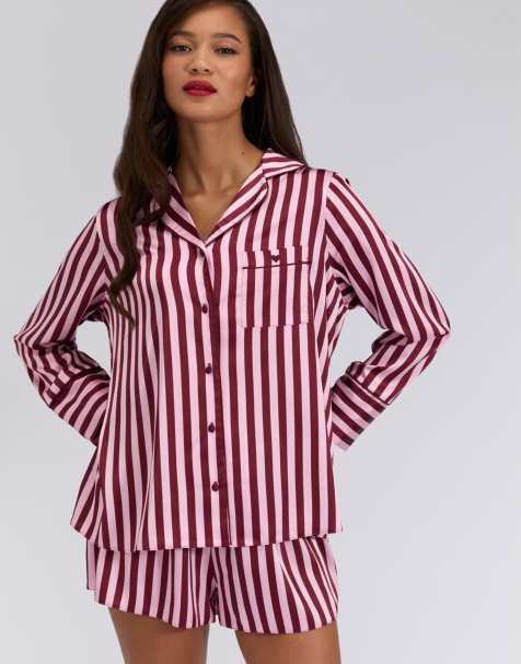 Boux Avenue Oversized embroidered satin top and shorts pyjama set in burgundy - view 1