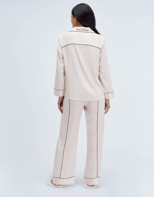 Boux Avenue Oversized satin pyjama set top and trousers nightwear in oyster, 6 of 7