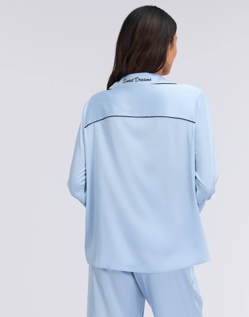 Boux Avenue Oversized satin pyjama set top and trousers nightwear pj in blue mix, 2 of 4