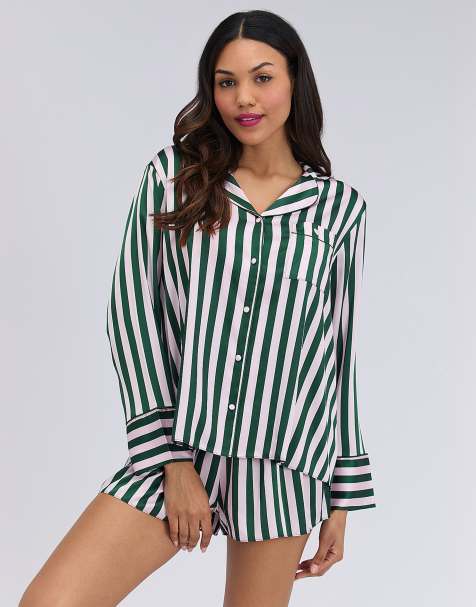 Boux Avenue Oversized satin short pyjama set striped top and shorts pj in deep green - view 1