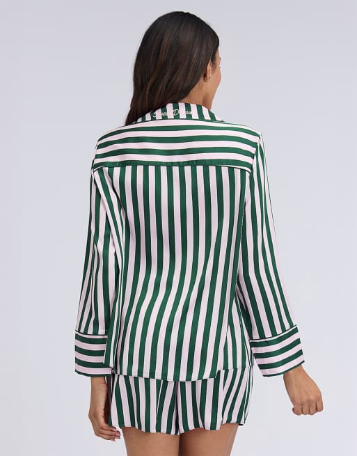 Boux Avenue Oversized satin short pyjama set striped top and shorts pj in deep green, 2 of 7