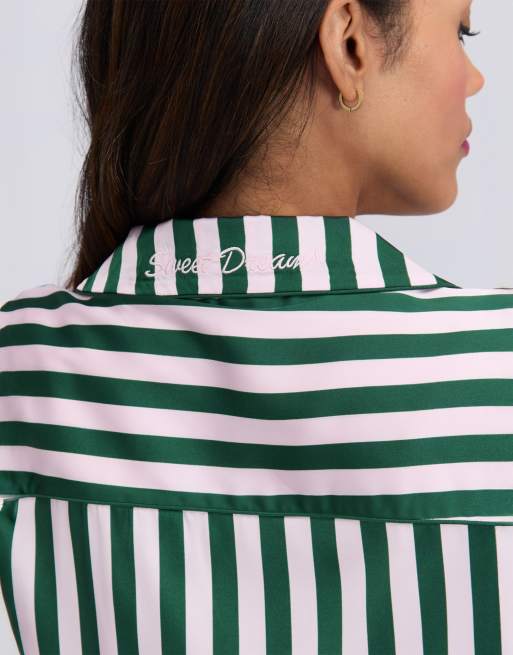 Boux Avenue Oversized satin short pyjama set striped top and shorts pj in deep green, 3 of 7