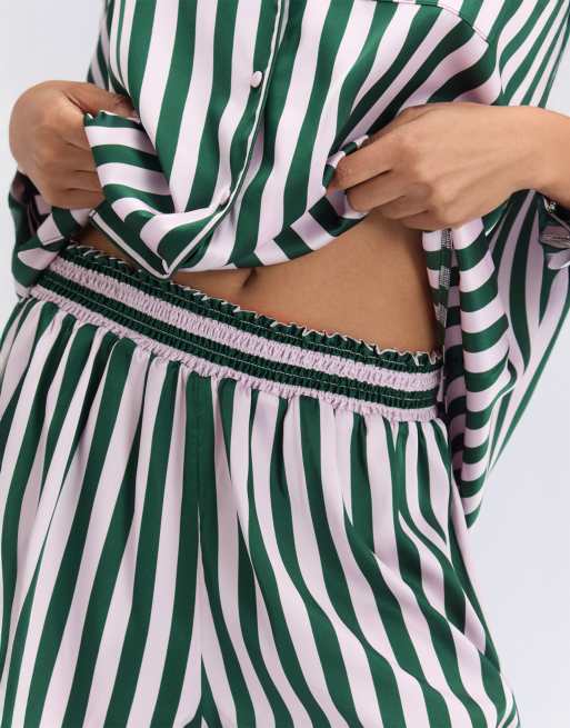 Boux Avenue Oversized satin short pyjama set striped top and shorts pj in deep green, 4 of 7