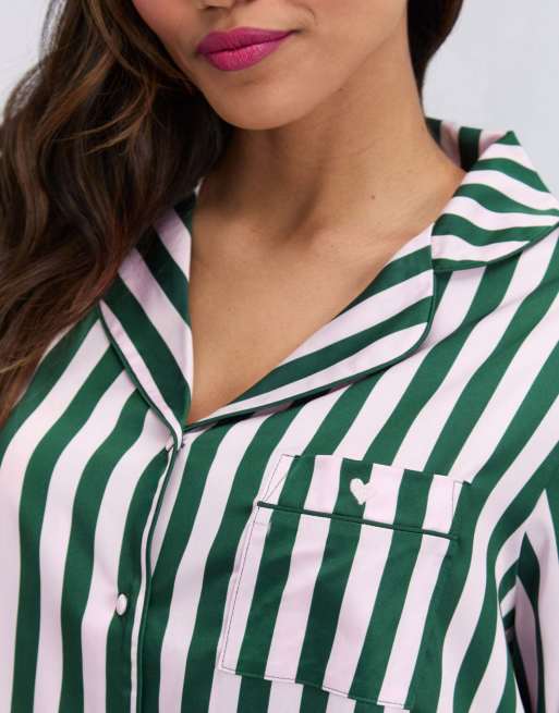 Boux Avenue Oversized satin short pyjama set striped top and shorts pj in deep green, 5 of 7