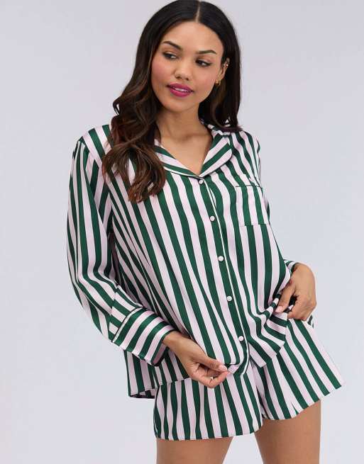 Boux Avenue Oversized satin short pyjama set striped top and shorts pj in deep green, 6 of 7