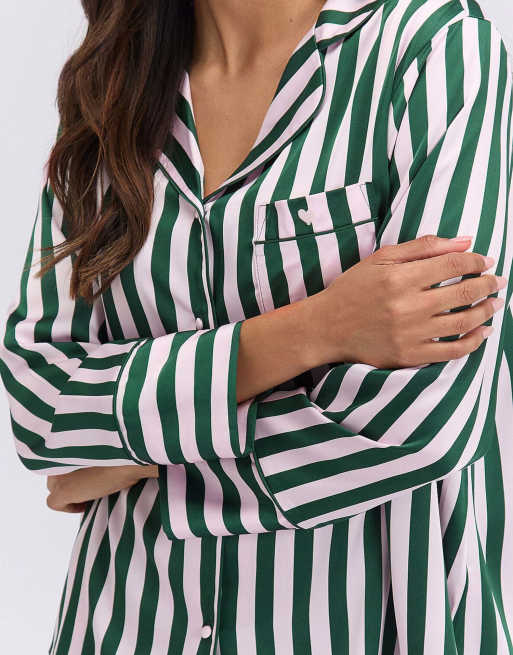 Boux Avenue Oversized satin short pyjama set striped top and shorts pj in deep green, 7 of 7