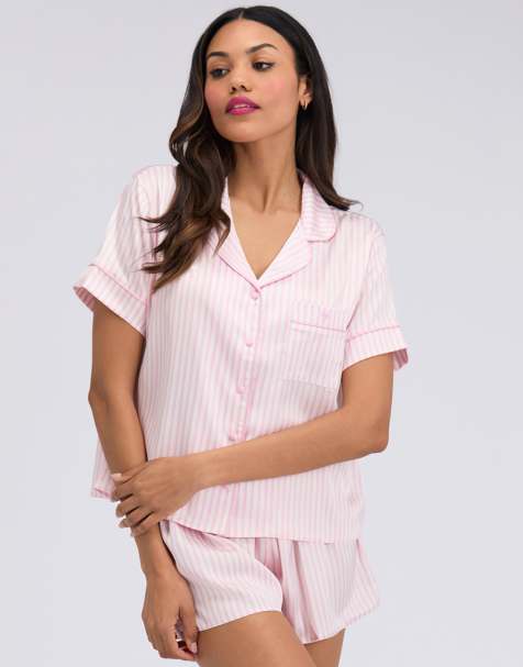 Boux Avenue Oversized satin short pyjama set striped top and shorts pj in pink mix - view 1