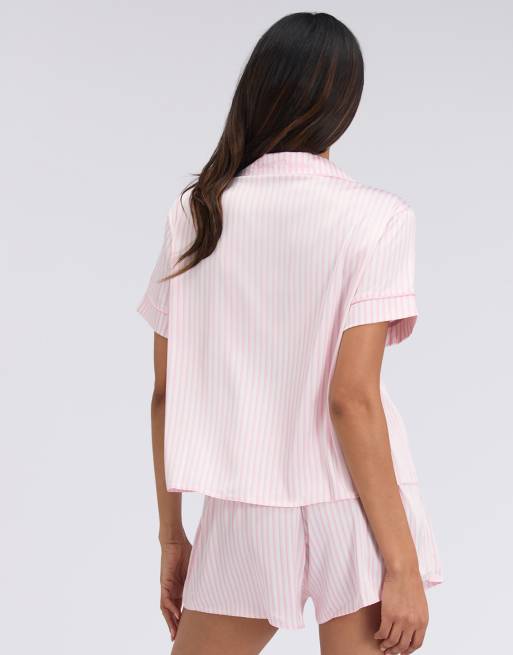 Boux Avenue Oversized satin short pyjama set striped top and shorts pj in pink mix, 2 of 4