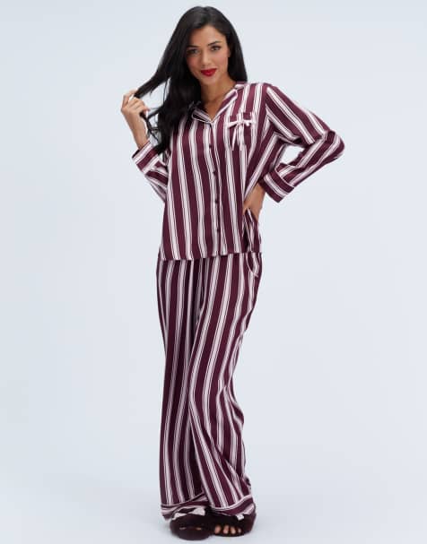 Boux Avenue Oversized striped long pyjama set satin top and trousers pj in plum - view 1