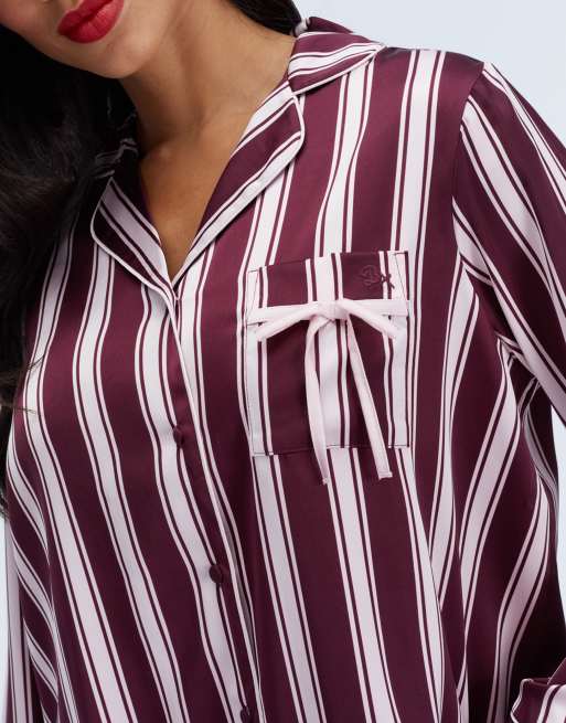Boux Avenue Oversized striped long pyjama set satin top and trousers pj in plum, 3 of 6
