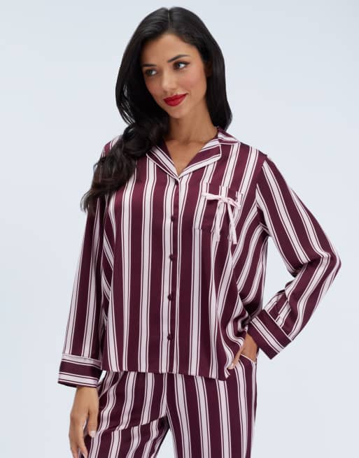 Boux Avenue Oversized striped long pyjama set satin top and trousers pj in plum, 4 of 6