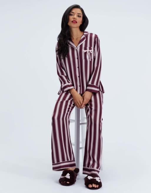 Boux Avenue Oversized striped long pyjama set satin top and trousers pj in plum, 6 of 6