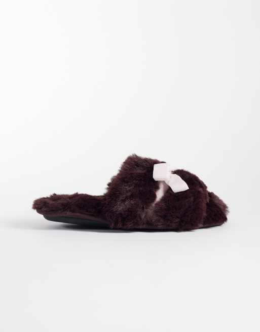 Boux Avenue pantofole morbide con punta aperta, cuore con strass e fiocco sul davanti, color berry