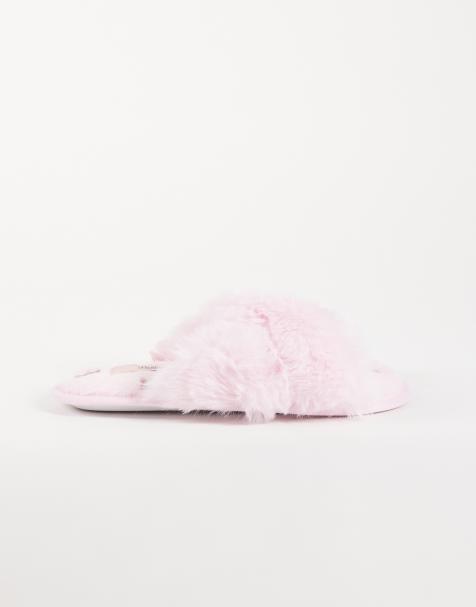 Boux Avenue pantuflas rosas de tira cruzada afelpadas con bordado de muñeco de jengibre - view 1