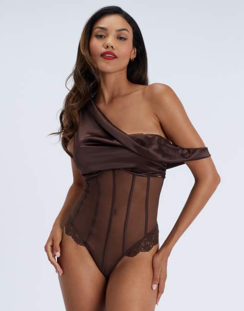 Boux Avenue Pascale satin bodysuit one shoulder flattering sexy lingerie in chocolate - view 1
