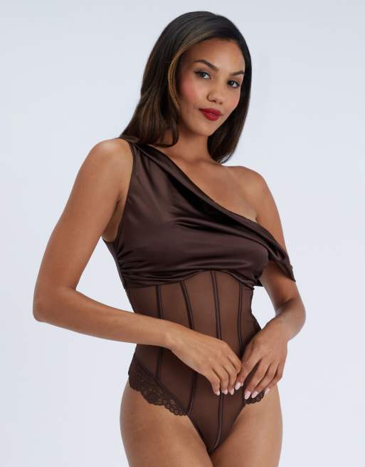 Boux Avenue Pascale satin bodysuit one shoulder flattering sexy lingerie in chocolate, 4 of 5