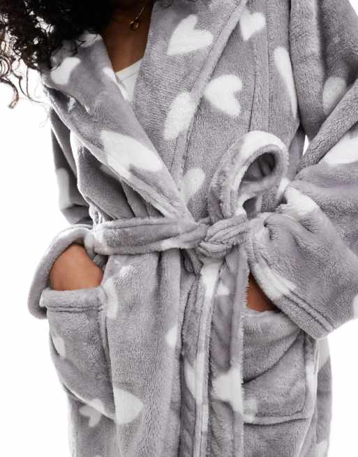 Boux Avenue - Peignoir court et duveteux à imprimé cœur - Gris, 3 de 4