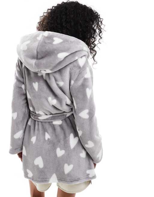 Boux Avenue - Peignoir court et duveteux à imprimé cœur - Gris, 4 de 4