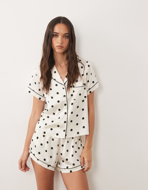 Boux Avenue - Pigiama in raso bianco e nero a pois con maniche corte e rever, 2 di 4