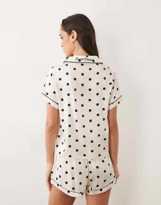Boux Avenue - Pigiama in raso bianco e nero a pois con maniche corte e rever, 4 di 4