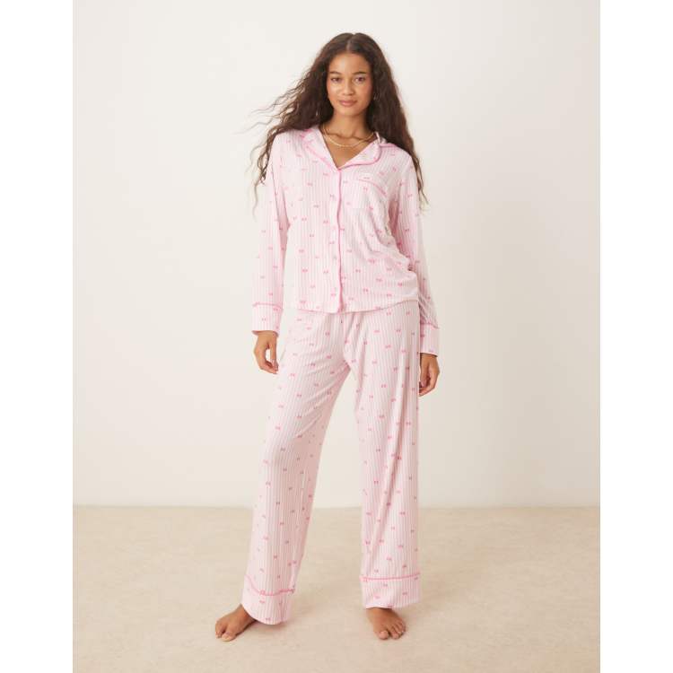 Generico Set di Pigiama Donna con Bottoni Davanti 2 Pezzi Completo Pigiami da Notte Cotone Invernale Camicia a Maniche Lunghe e Pantaloni Lunghi Morbido Comodo Lounge Sleepwear