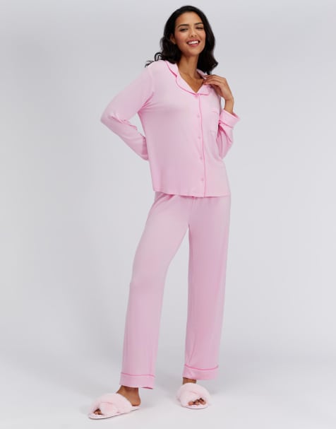 Boux Avenue Piping modal long pyjama set top and trousers nightwear in pink mix - view 1