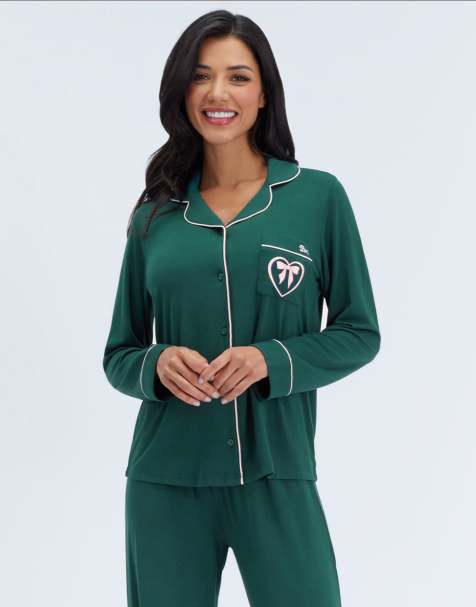 Boux Avenue Piping modal long pyjama set top and wide leg trousers pj in deep green - view 1