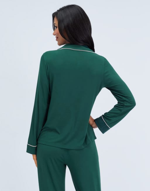 Boux Avenue Piping modal long pyjama set top and wide leg trousers pj in deep green, 2 of 7