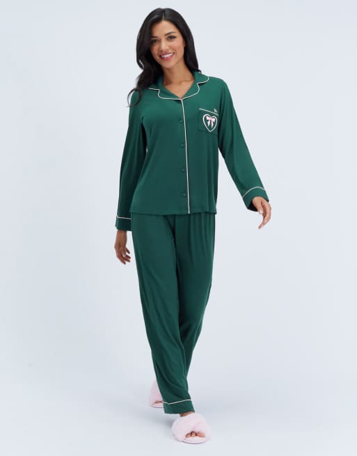 Boux Avenue Piping modal long pyjama set top and wide leg trousers pj in deep green, 4 of 7