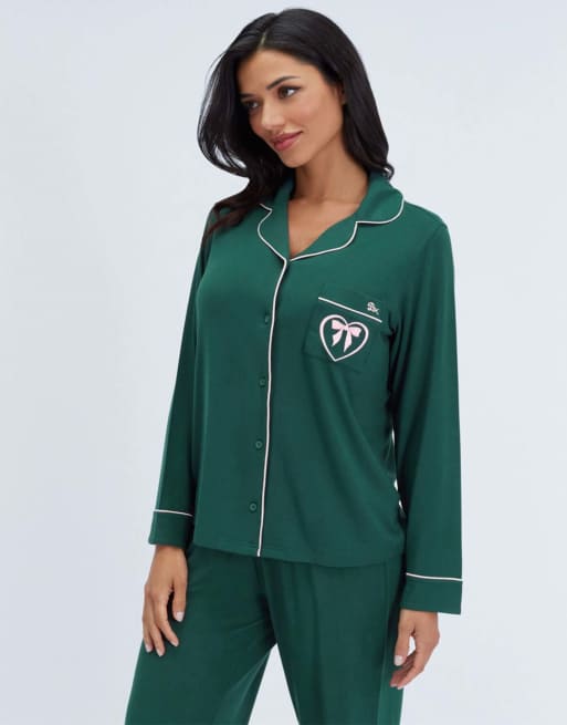 Boux Avenue Piping modal long pyjama set top and wide leg trousers pj in deep green, 5 of 7