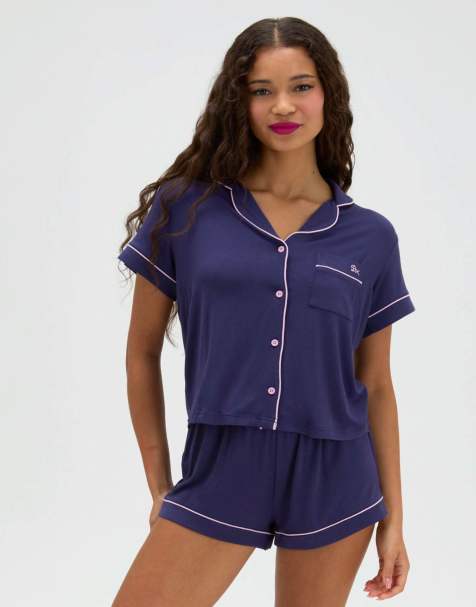 Boux Avenue Piping modal short pyjama set with collar top in navy - view 1