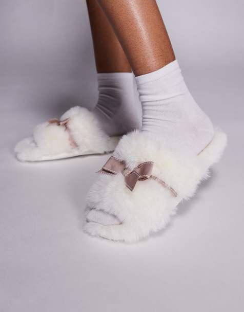 Boux Avenue plush bow slides in ivory - view 1