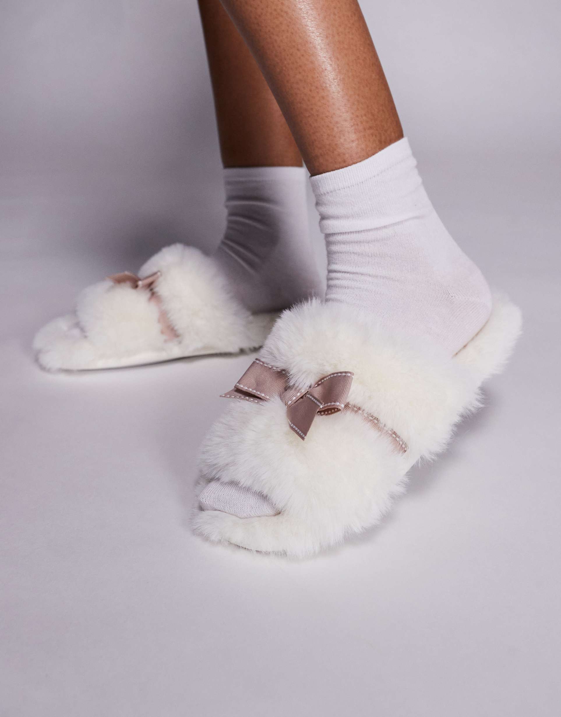 boux avenue plush bow slides in ivory