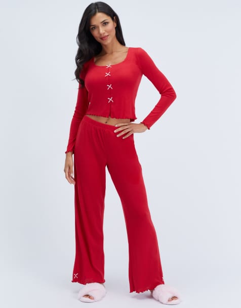 Boux Avenue Pointelle bow trim long pyjama set top and trousers pj in red mix - view 1