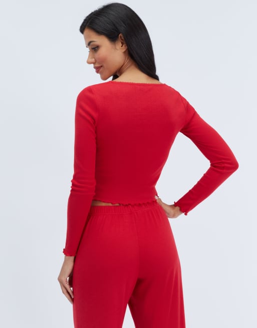 Boux Avenue Pointelle bow trim long pyjama set top and trousers pj in red mix, 2 of 5