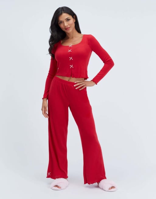 Boux Avenue Pointelle bow trim long pyjama set top and trousers pj in red mix, 5 of 5