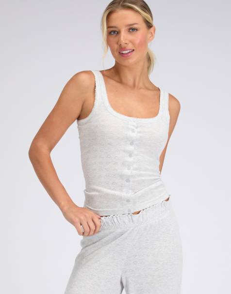 Boux Avenue Pointelle button pyjama set vest and trousers nightwear in grey marl mix - view 1