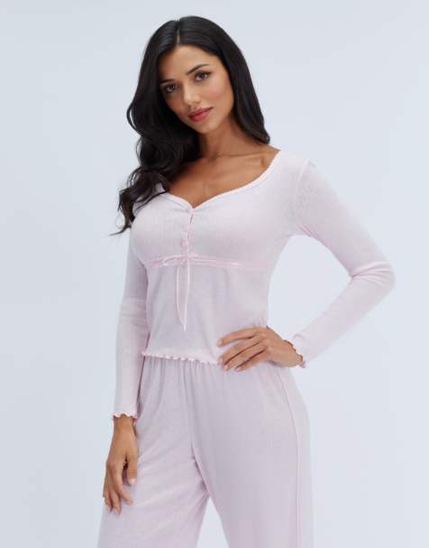 Boux Avenue Pointelle ribbon long pyjama set top and trousers nightwear in powder pink - view 1