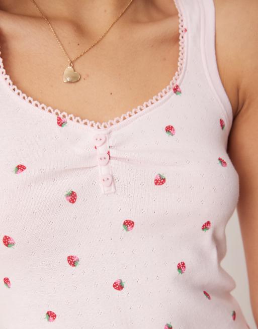 Boux Avenue pointelle strawberry print cami and shorts set in pink, 3 of 4