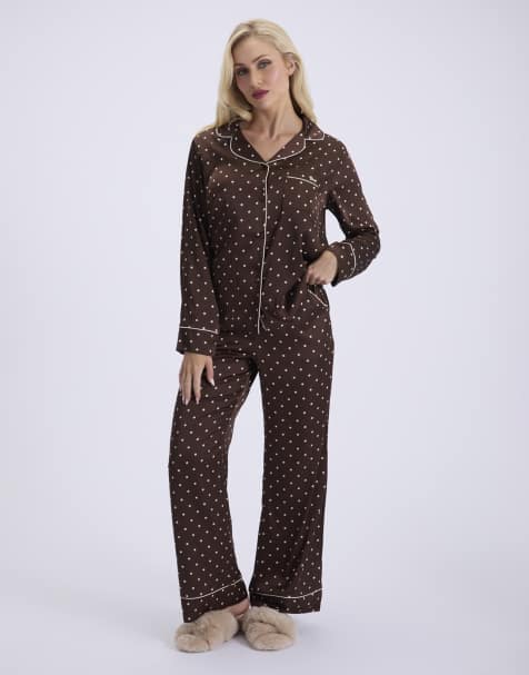 Boux Avenue Polka dot satin long pyjama set top and trousers nightwear in chocolate - view 1