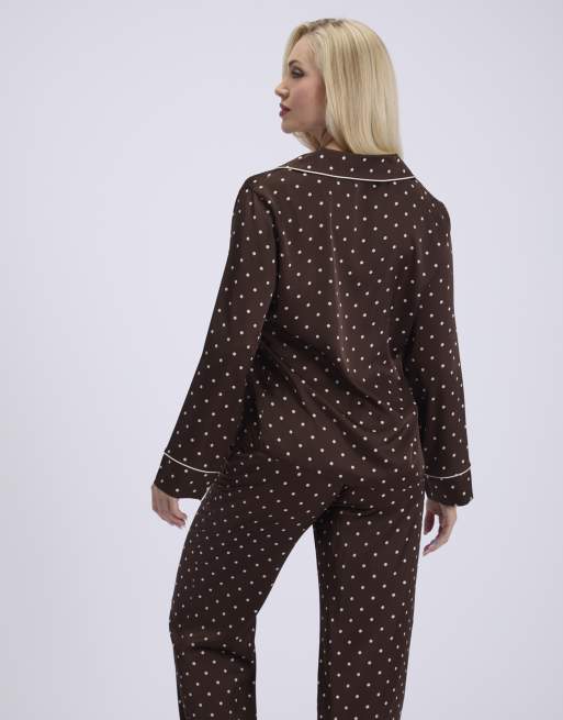 Boux Avenue Polka dot satin long pyjama set top and trousers nightwear in chocolate, 2 of 7