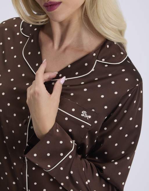 Boux Avenue Polka dot satin long pyjama set top and trousers nightwear in chocolate, 3 of 7