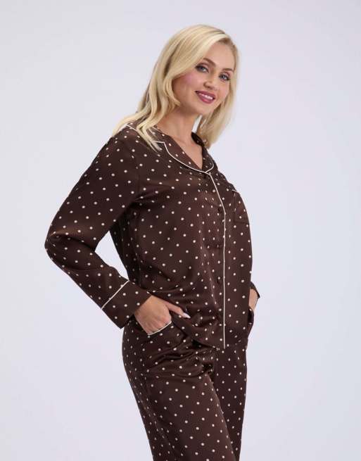 Boux Avenue Polka dot satin long pyjama set top and trousers nightwear in chocolate, 7 of 7