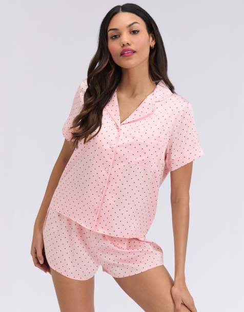 Boux Avenue Polka dot satin short pyjama set shirt and shorts nightwear in pink mix - view 1