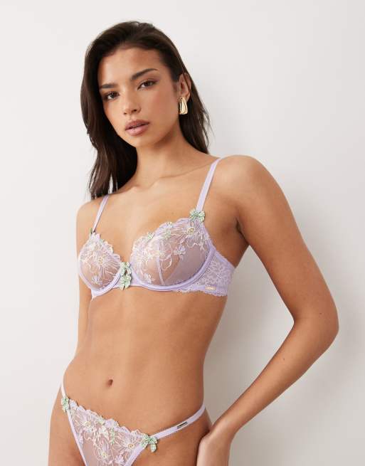 Boux Avenue Posey floral embroidered underwired balconette bra in lavender, 2 of 4
