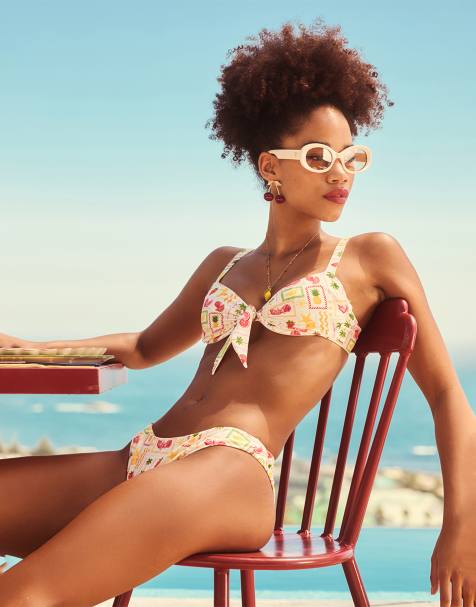 Boux Avenue Positano printed balconette bikini top summer swimwear in ivory mix