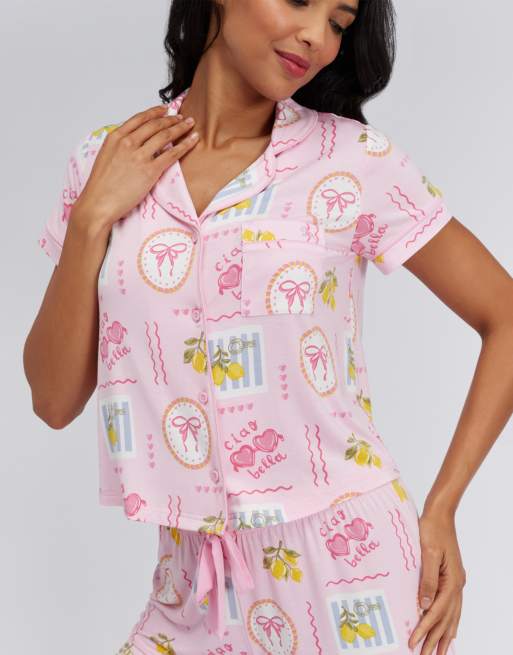 Boux Avenue Postcard modal short sleeve pyjama set nightwear pj in pink mix, 3 of 4
