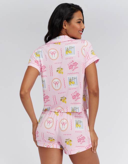 Boux Avenue Postcard modal short sleeve pyjama set nightwear pj in pink mix, 4 of 4