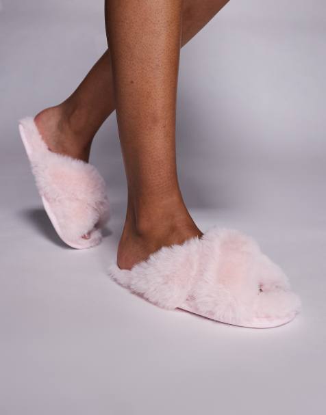 Boux Avenue - Pudderlyserøde vamsede hjemmesko med krydsende remme - view 1